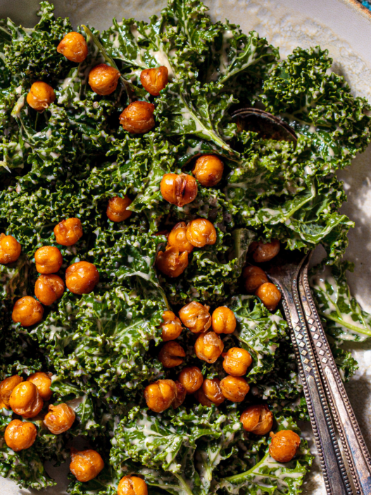 Kale caesar salad with roasted chickpeas