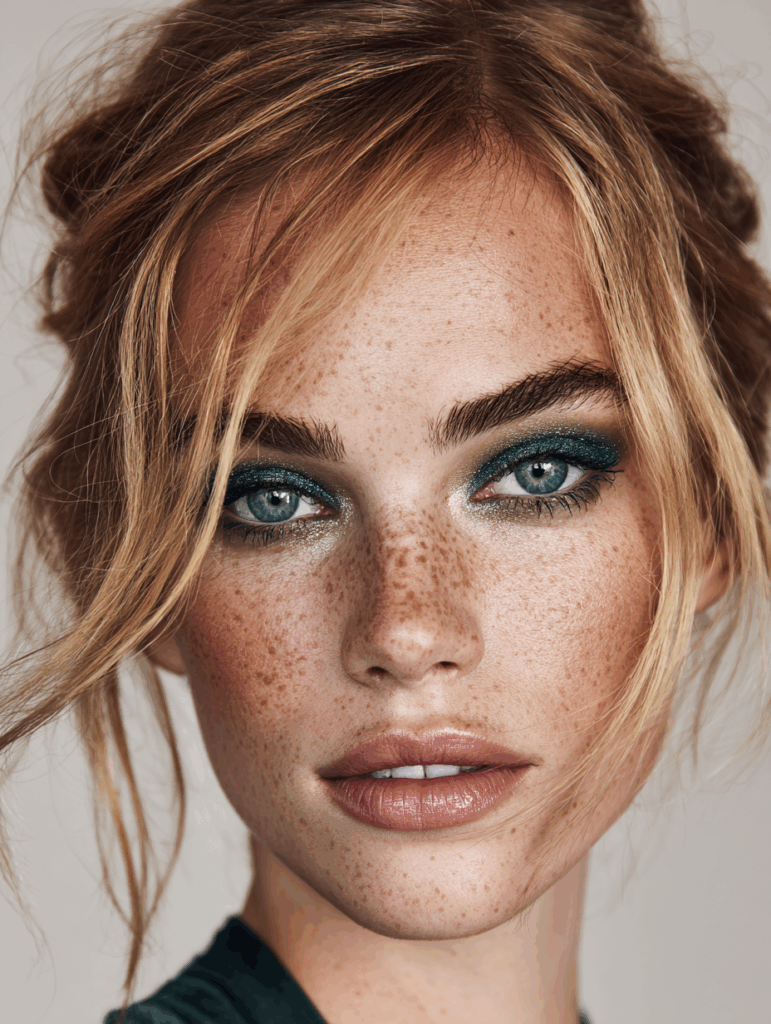 Festive emerald green smoky eye makeup with jewel tones, bold holiday beauty look for 2025.