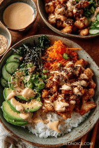 Spicy Honey-Ginger Chicken Bowls with Yum Yum Sauce