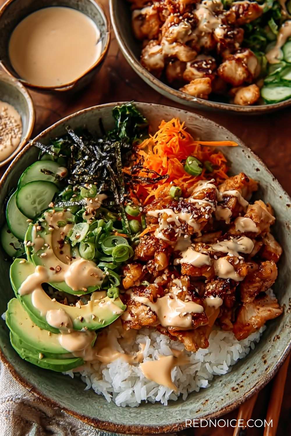 Spicy Honey-Ginger Chicken Bowls with Yum Yum Sauce
