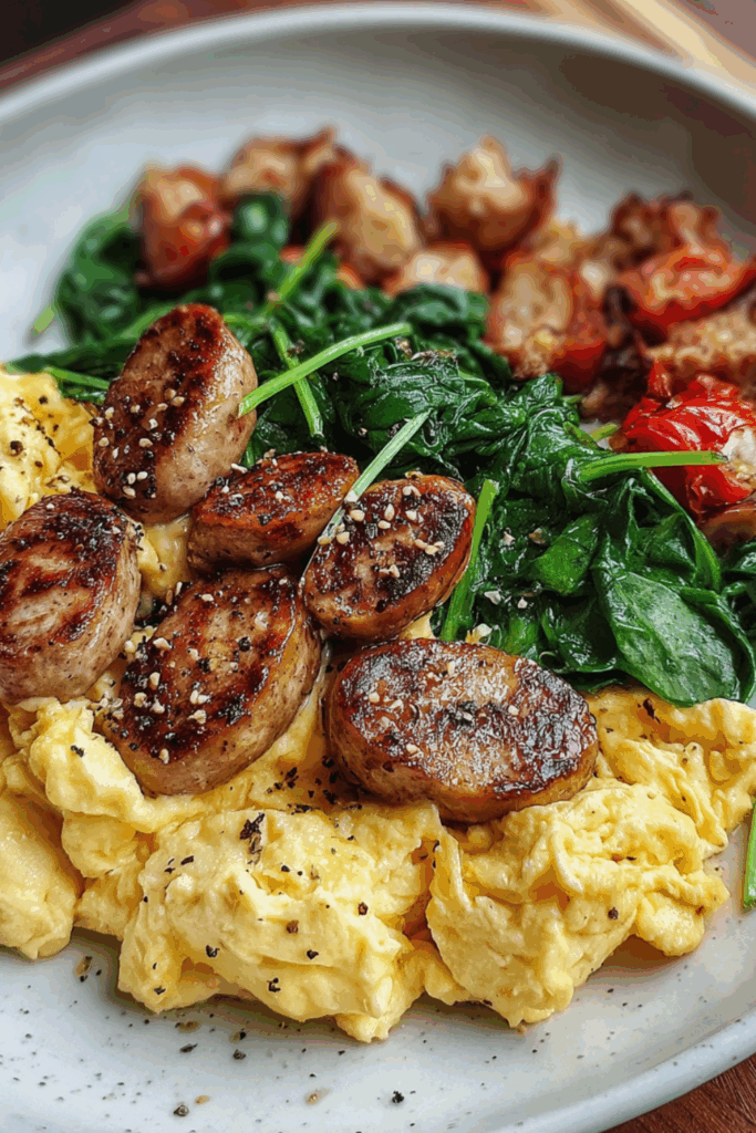 Friday: Scrambled Eggs, Sautéed Spinach & Chicken Sausages
