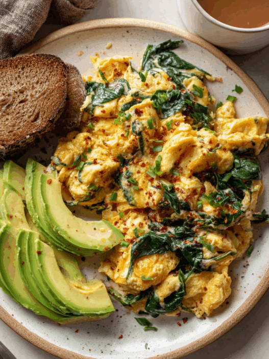 Monday: Spinach Scrambled Eggs with Avocado Slices