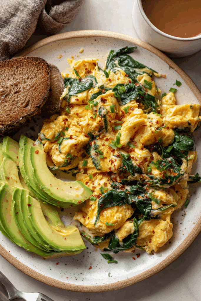 Monday: Spinach Scrambled Eggs with Avocado Slices