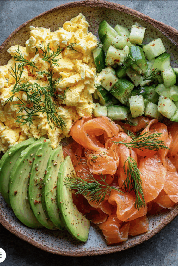 Thursday: Scrambled Eggs with Smoked Salmon, Avocado & Cucumber