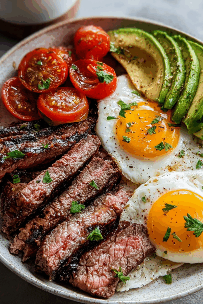 Wednesday: Sunny-Side-Up Eggs with Steak, Avocado, and Tomatoes