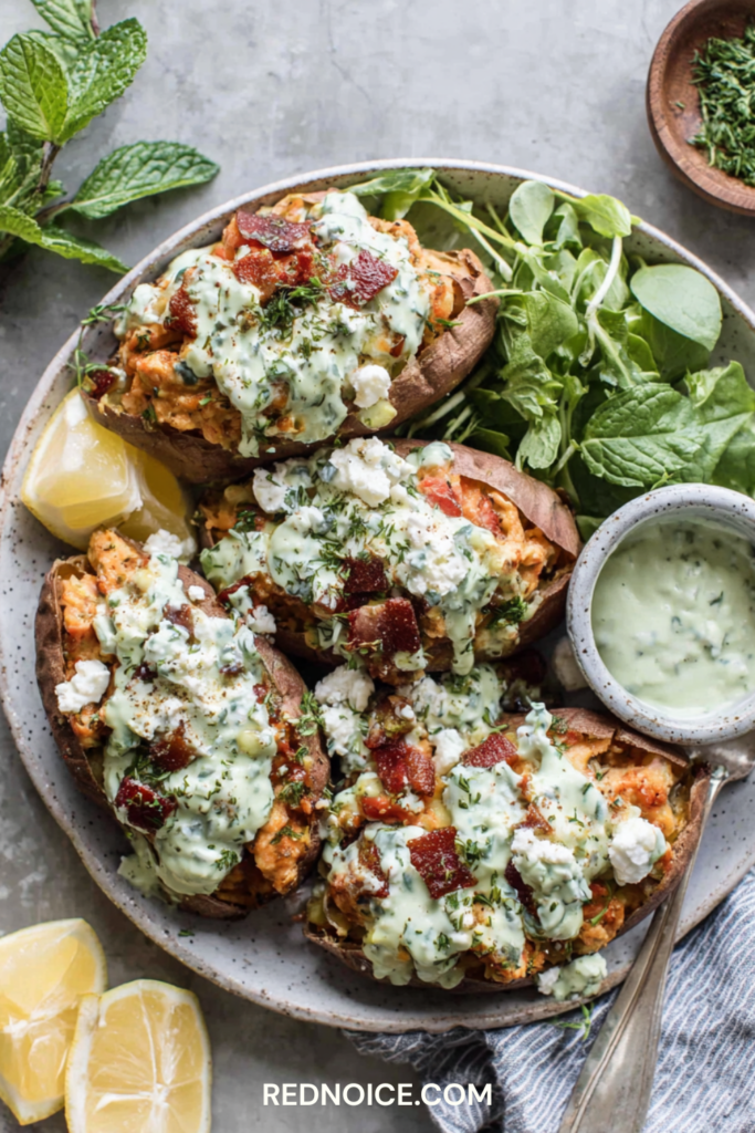 Mediterranean Stuffed Sweet Potatoes with Herbed Yogurt