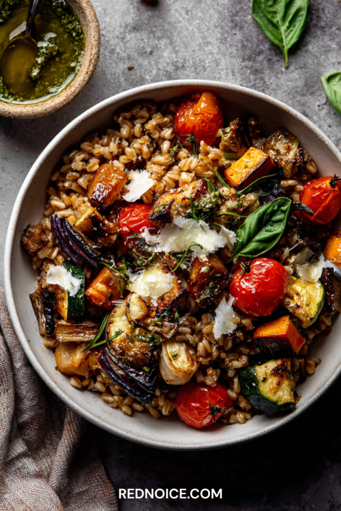 Italian Farro Salad with Roasted Vegetables and Pesto