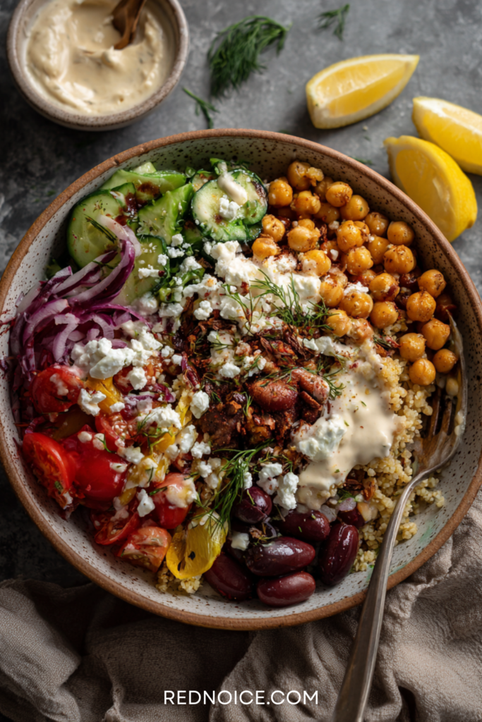 Quinoa bowl: quinoa, roasted sweet potatoes, broccoli, white beans, lemon-tahini dressing