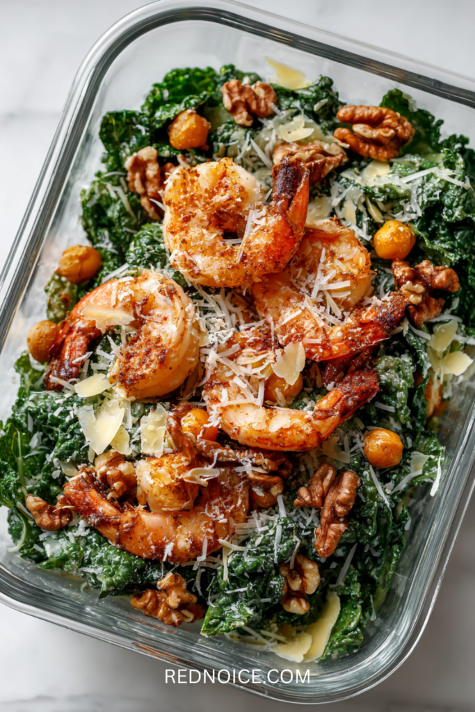 Kale Caesar Salad with Crispy Chickpeas & Shrimp