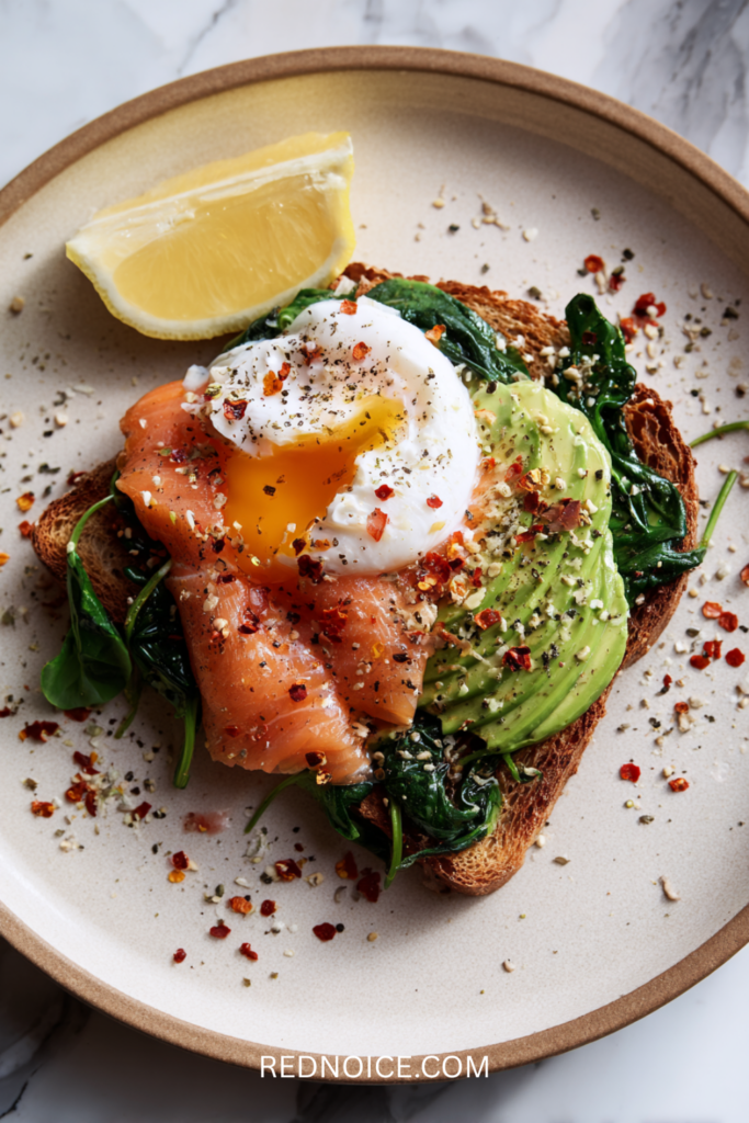 Eggs, Spinach, Salmon & Avocado Toast
