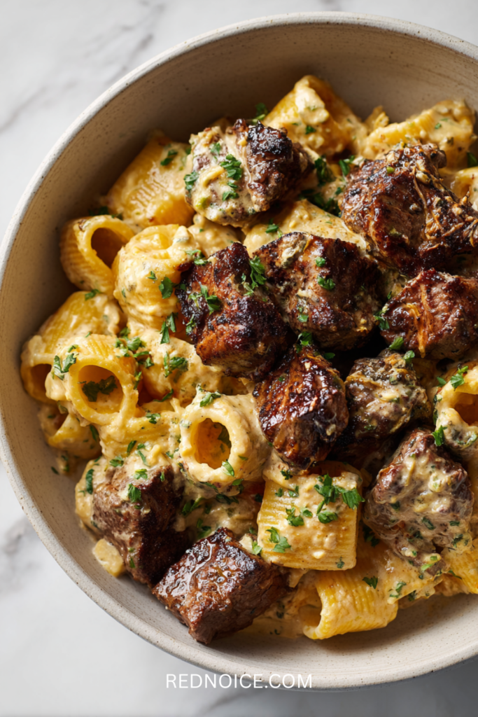 Cajun Steak Tips in Cheesy Rigatoni Parmesan Sauce