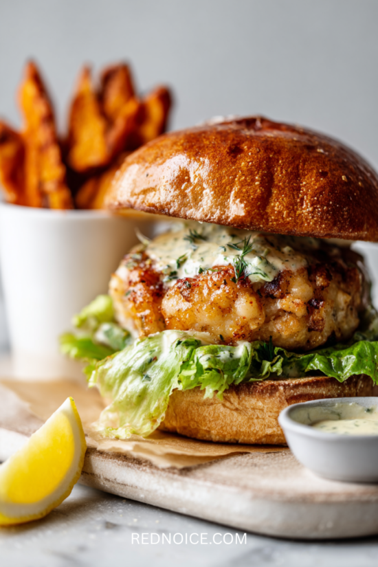Shrimp Burgers with Lemon Dill Sauce