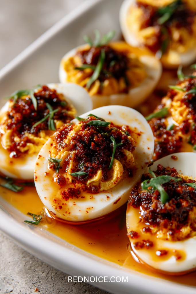 Spicy Chili Garlic Deviled Eggs