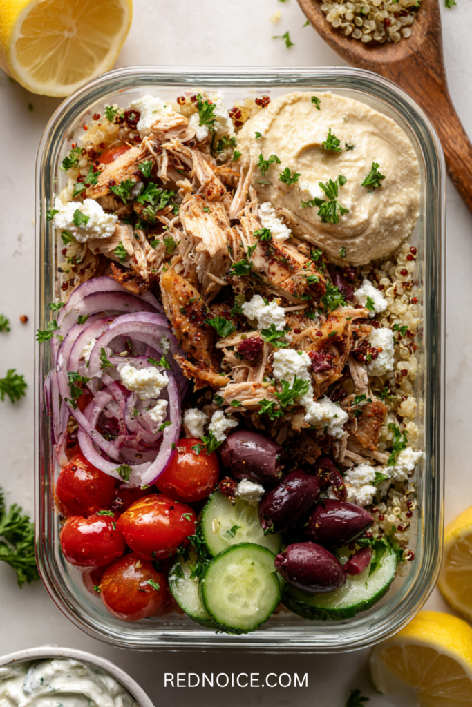 Greek chicken bowls meal prep with quinoa