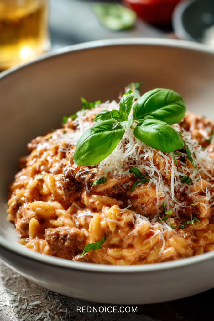 Ground Beef Orzo with Tomato Cream Sauce