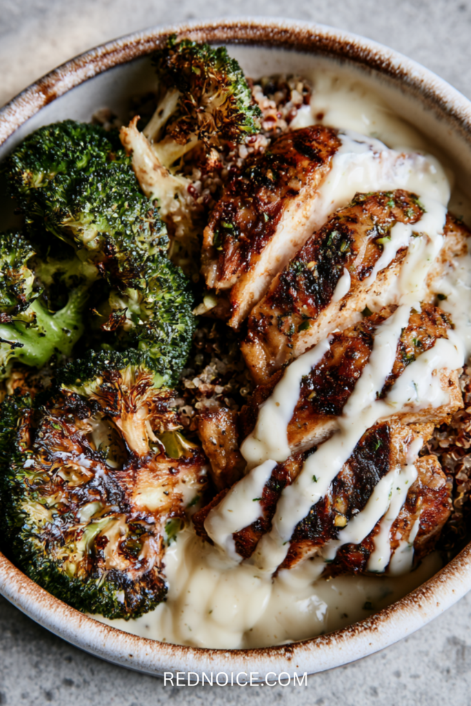 Grilled Chicken and Broccoli Bowl with Garlic Sauce