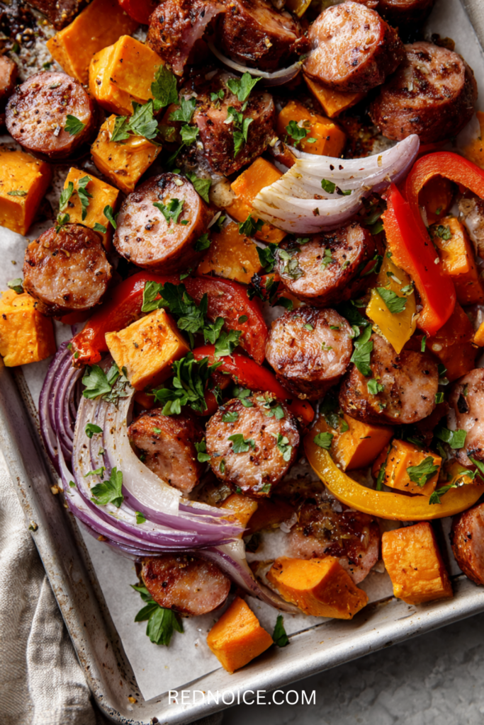 Sheet Pan Sausage, Sweet Potato, and Peppers