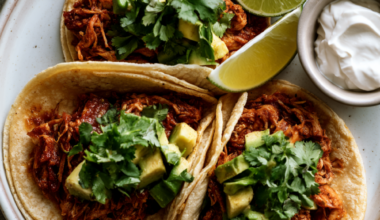 These lazy crockpot chicken tacos are made with just 3 ingredients — set it in the morning and come home to juicy, perfectly seasoned shredded chicken ready to pile into warm tortillas!