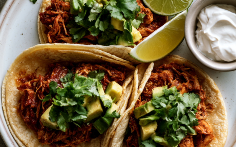 These lazy crockpot chicken tacos are made with just 3 ingredients — set it in the morning and come home to juicy, perfectly seasoned shredded chicken ready to pile into warm tortillas!