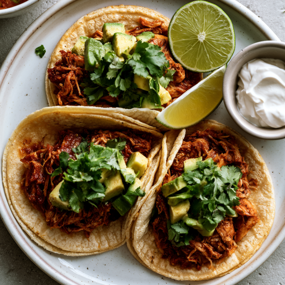 These lazy crockpot chicken tacos are made with just 3 ingredients — set it in the morning and come home to juicy, perfectly seasoned shredded chicken ready to pile into warm tortillas!