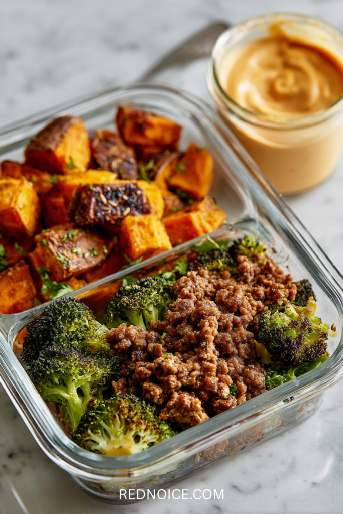 High Protein Ground Beef Bowl with Sweet Potato & Broccoli