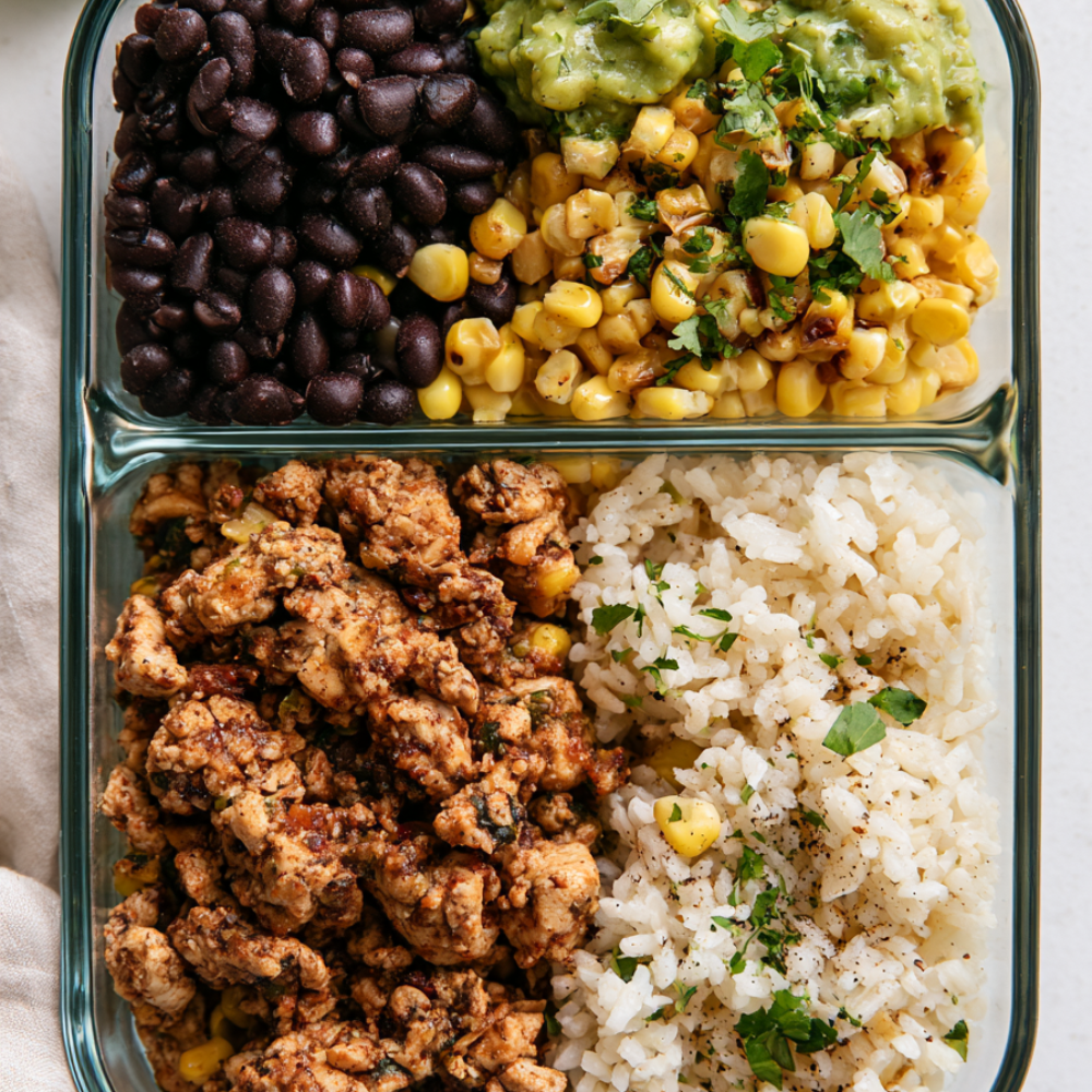 Turkey Taco Bowls in a divided glass meal prep container
