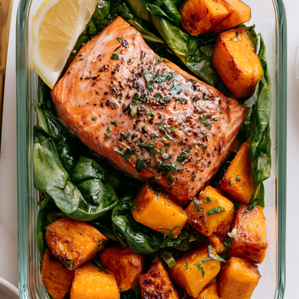 Salmon and Sweet Potato Bowls in a glass meal prep container