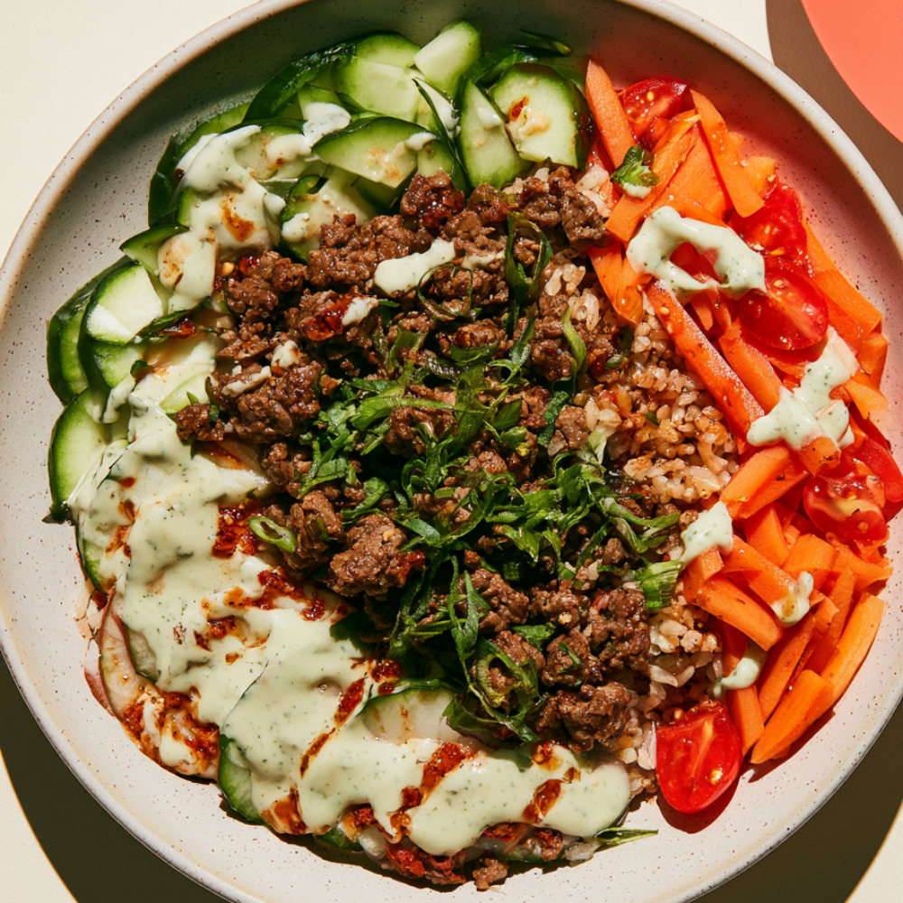 Beef and Rice Bowls with Garlic Sauce