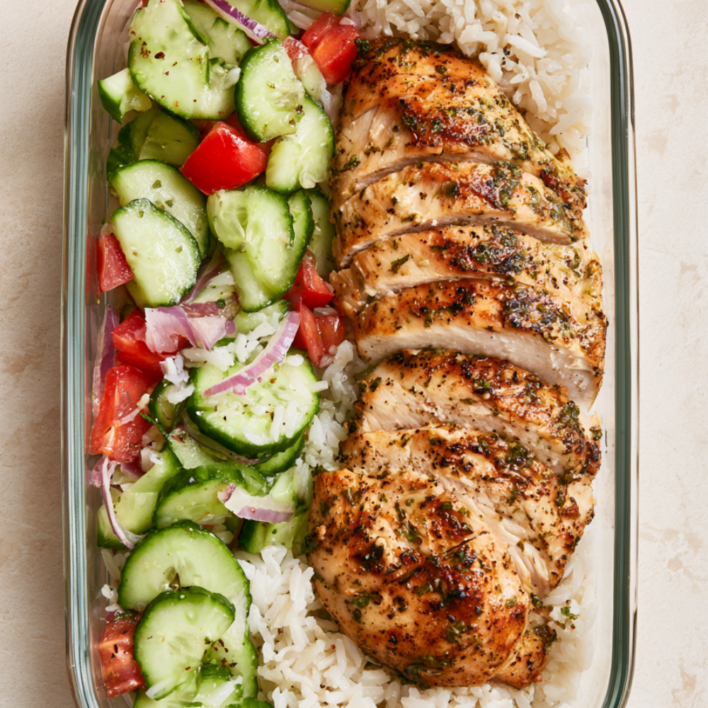 Greek Chicken with Rice and Cucumber Salad