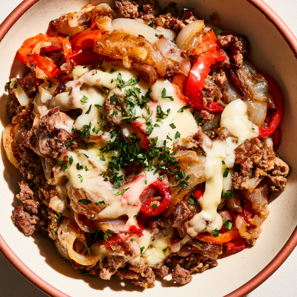 Ground Beef Philly Cheesesteak Skillet-serving