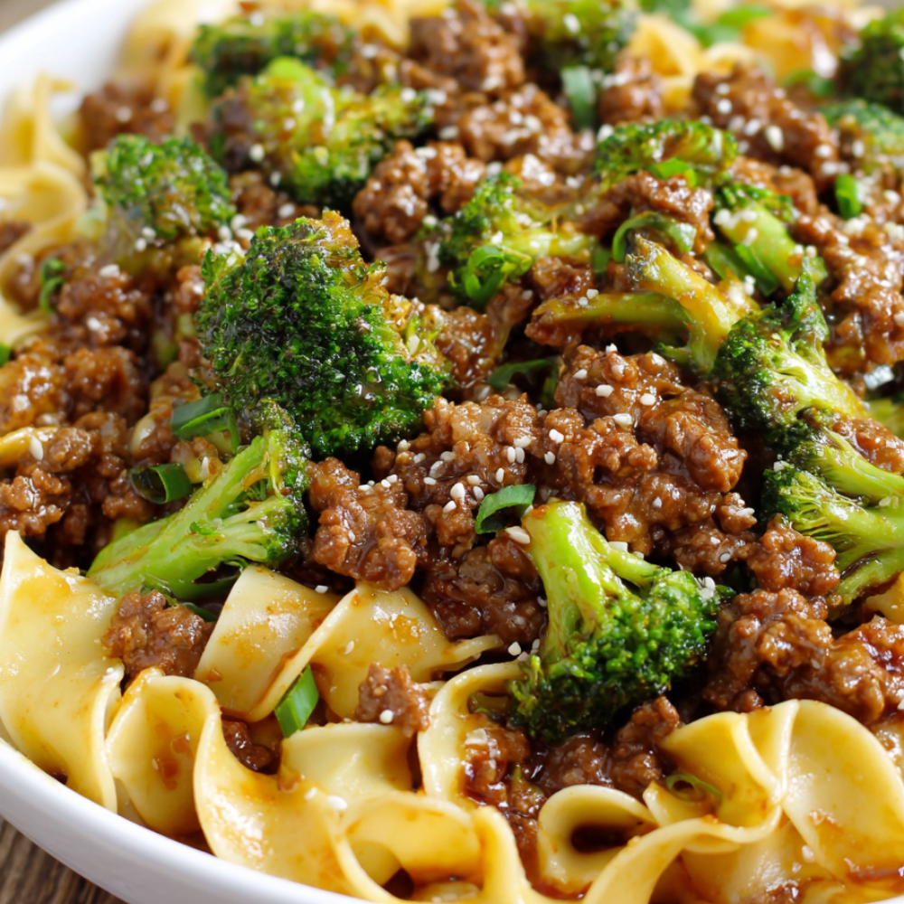 Ground Beef and Broccoli Stir-Fry over egg noodles