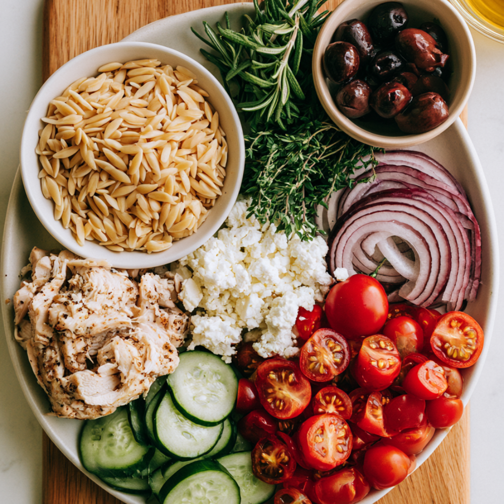 Orzo Salad with Chicken and Feta with ingredients