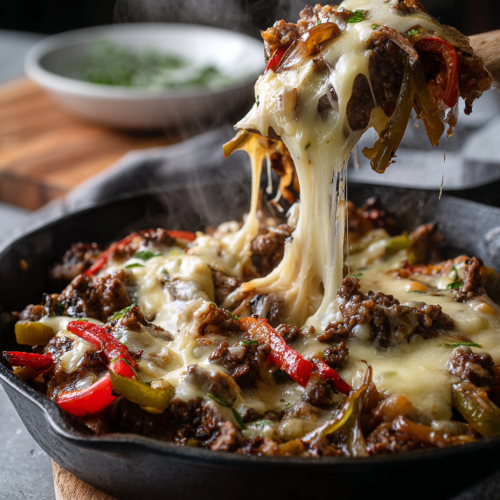 Ground Beef Philly Cheesesteak Skillet
