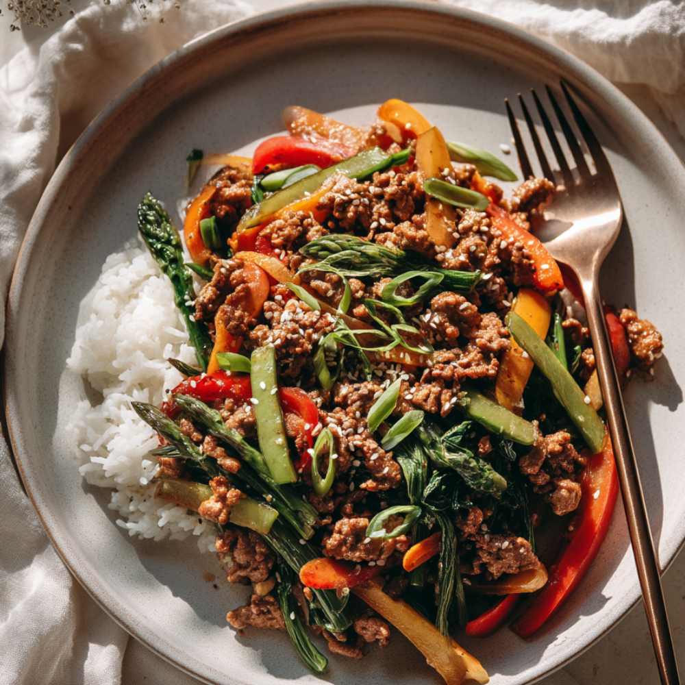ground beef stir fry over rice