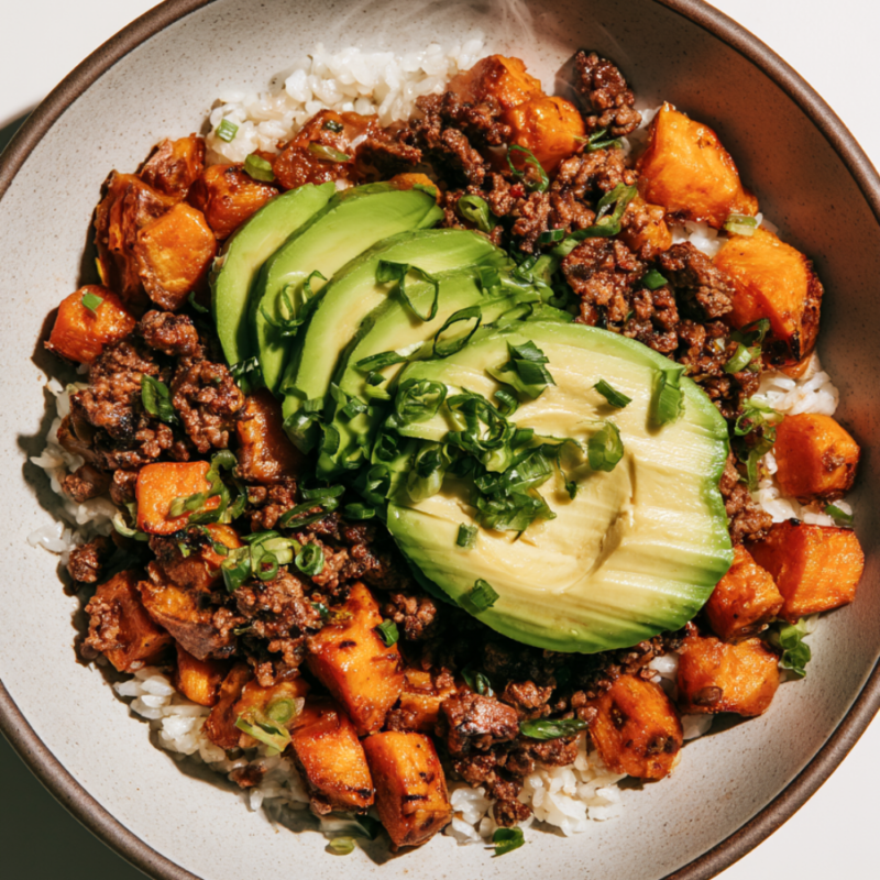 Ground beef sweet potato bowl