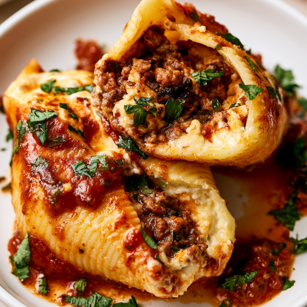 stuffed shells with ground beef-served