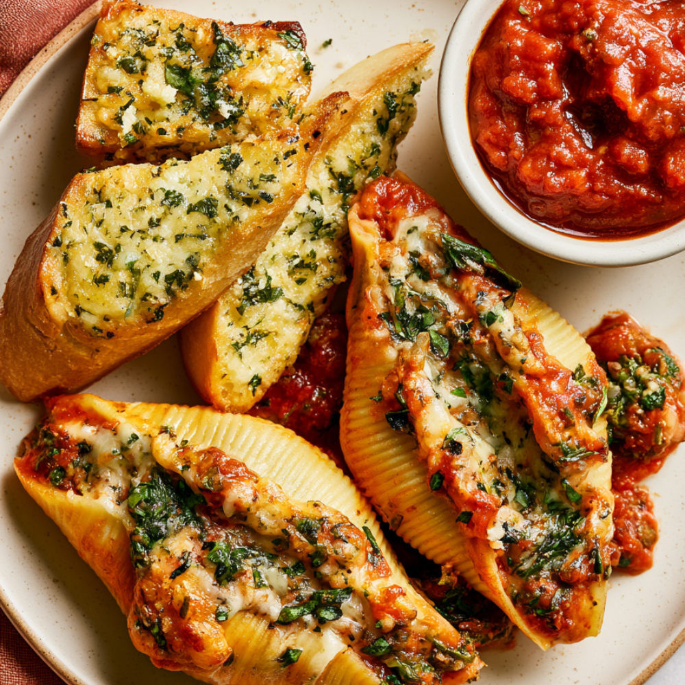 stuffed shells with ground beef-with garlic bread