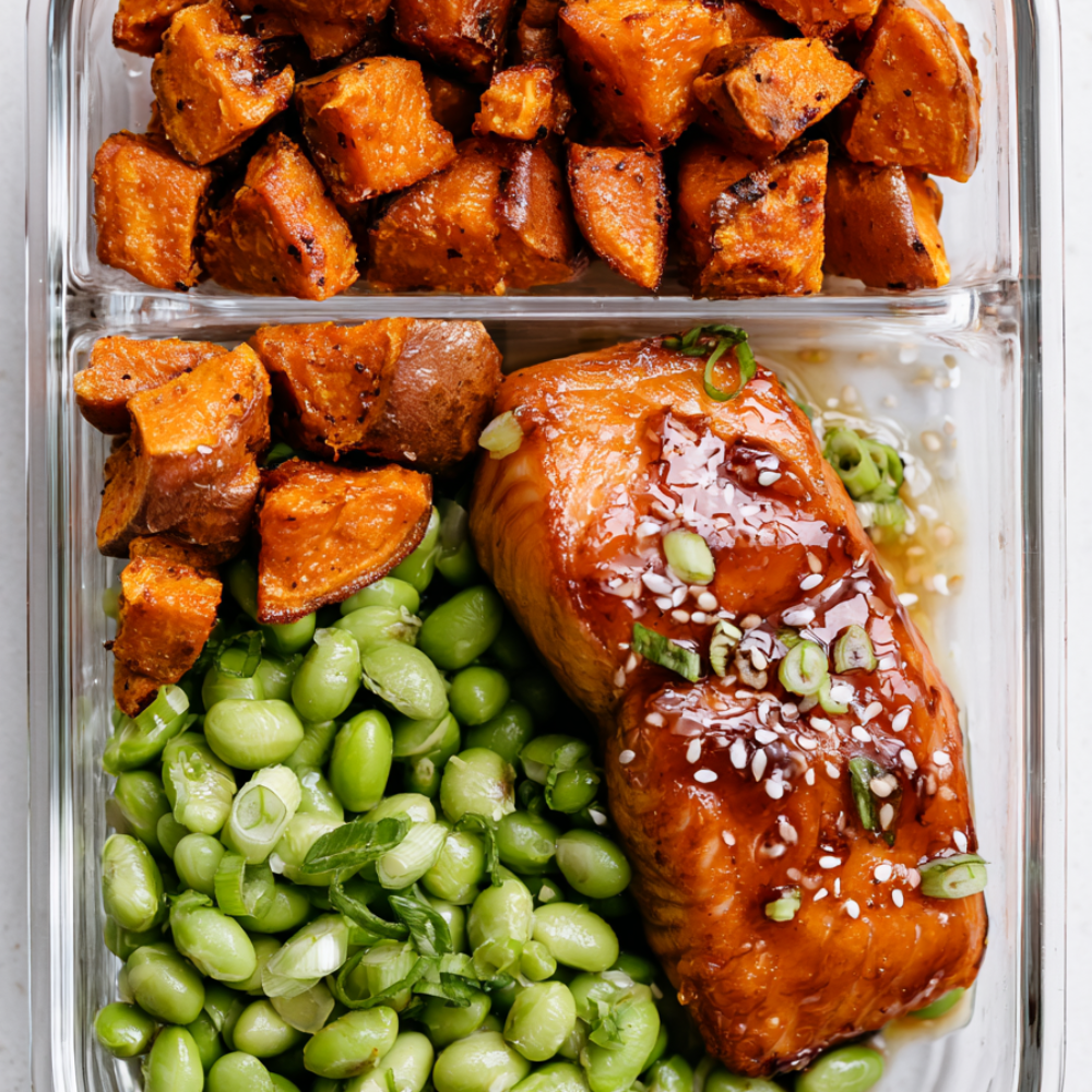 2. Honey Garlic Salmon with Sweet Potato & Edamame