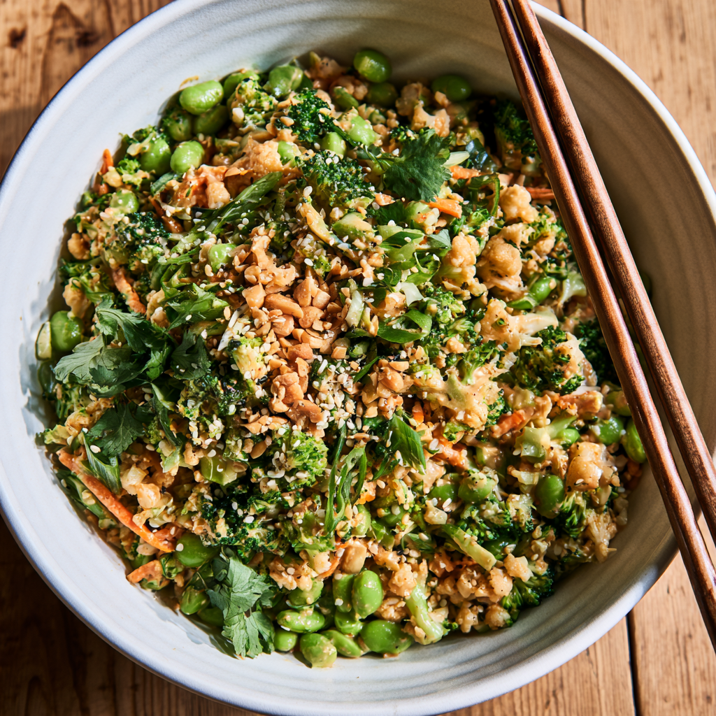 3. Spicy Peanut Broccoli Cauliflower Salad With Edamame