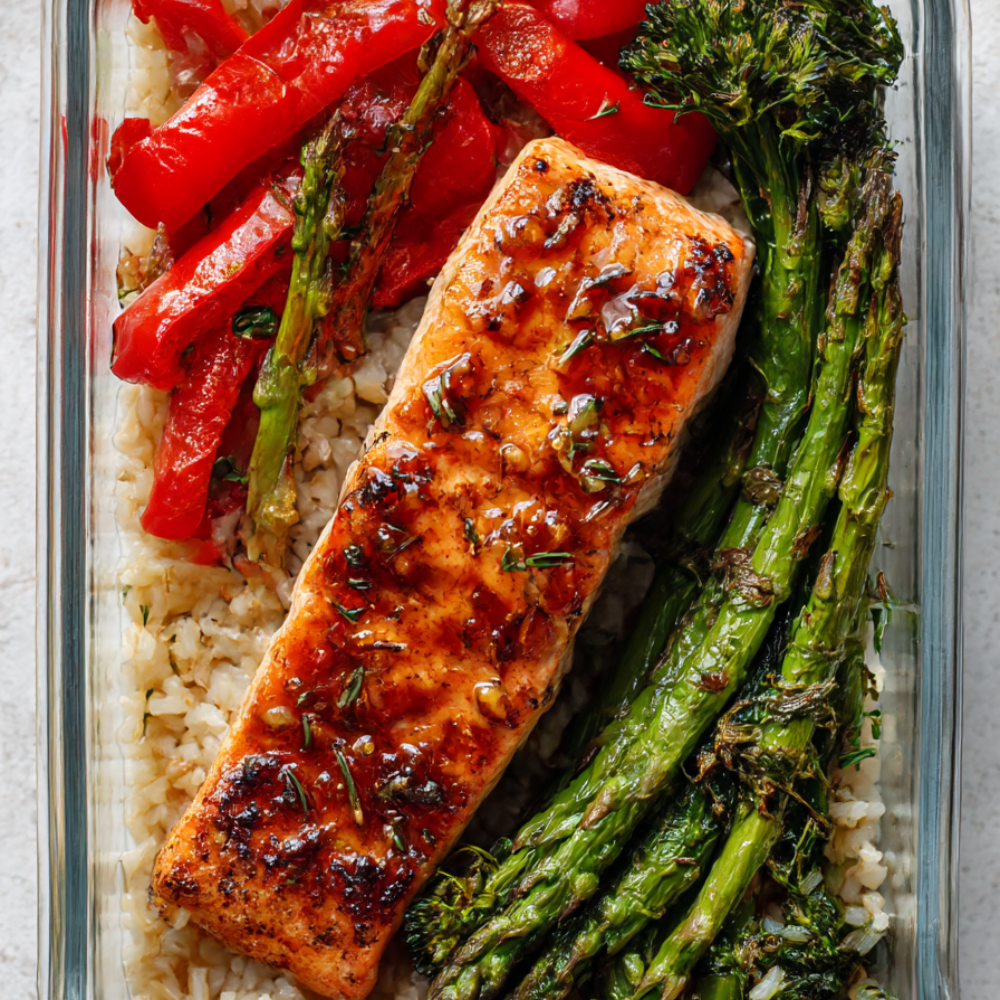5. Honey Garlic Salmon with Asparagus & Brown Rice