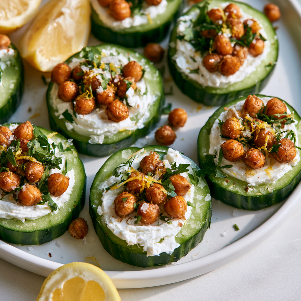 7. Mediterranean Cucumber Cups with Crispy Chickpeas & Whipped Feta