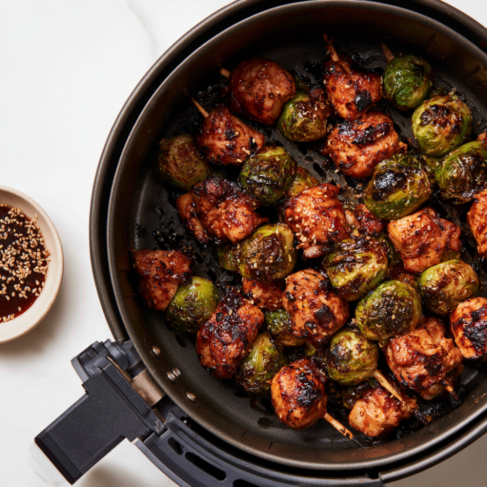 Air Fryer Meal Prep_ Sweet Chili Chicken & Brussels Sprouts Skewers-Finished