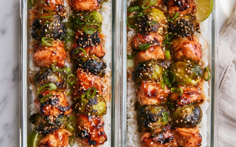 Air Fryer Meal Prep_ Sweet Chili Chicken & Brussels Sprouts Skewers-Meal Prep