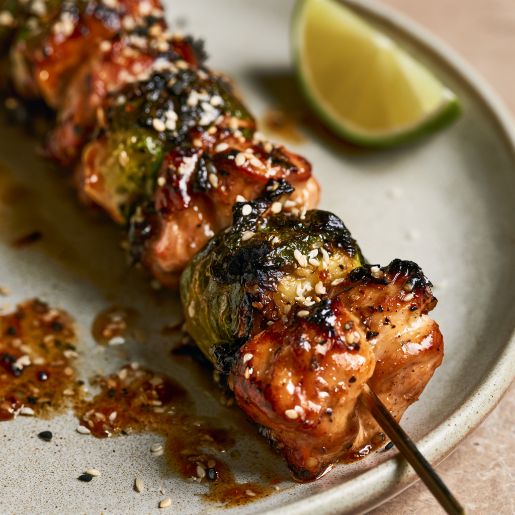 Air Fryer Meal Prep_ Sweet Chili Chicken & Brussels Sprouts Skewers-closeup