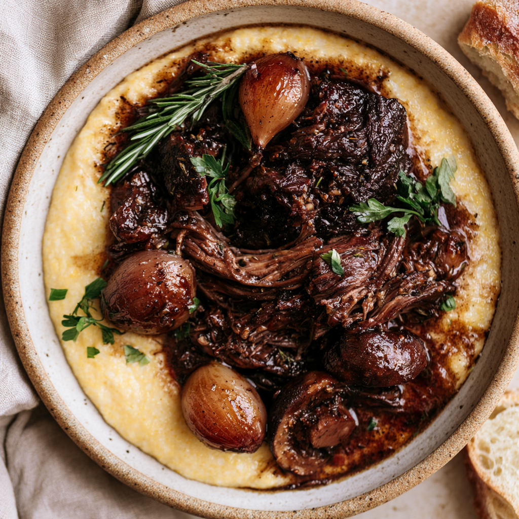 Balsamic Fig & Rosemary Slow Cooker Pot Roast with Creamy Parmesan Polenta Served