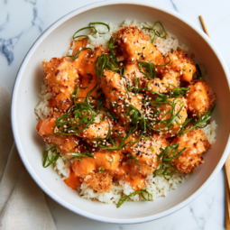 Bang Bang Chicken Bowl Over Rice with sauce