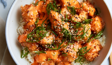 Bang Bang Chicken Bowl Over Rice with sauce