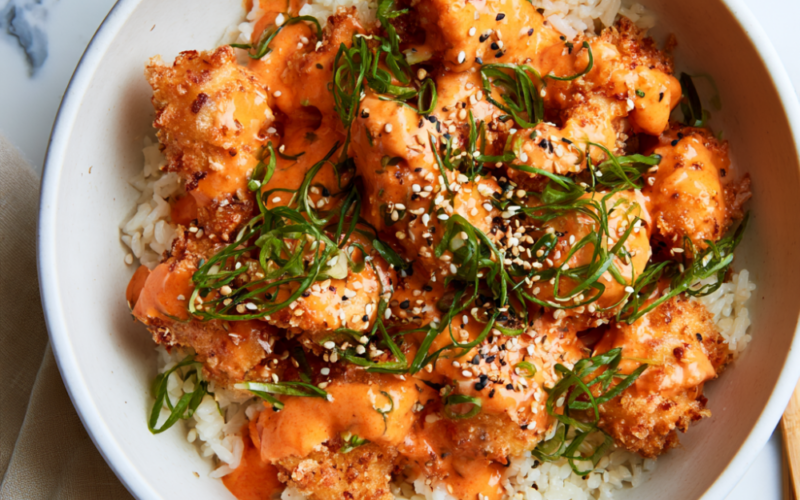 Bang Bang Chicken Bowl Over Rice with sauce
