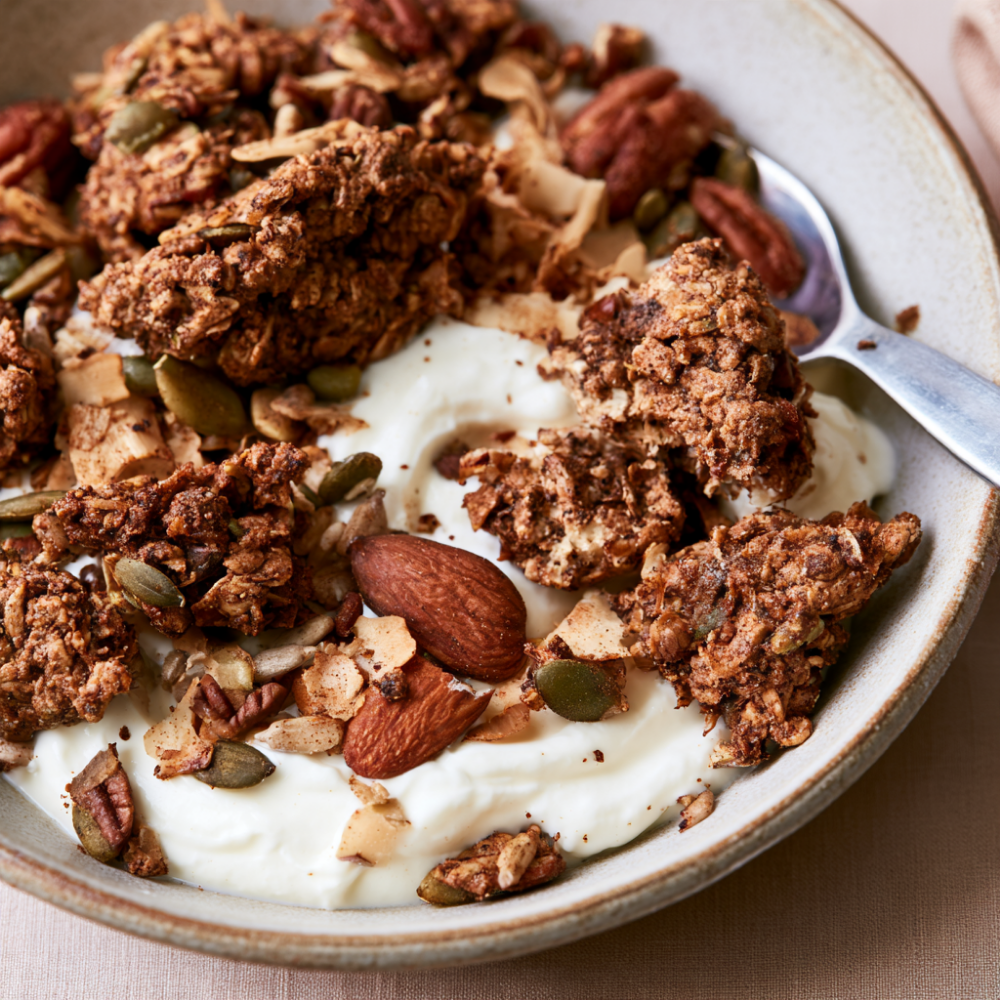 Chai-Spiced Protein Granola Clusters Over Yogurt