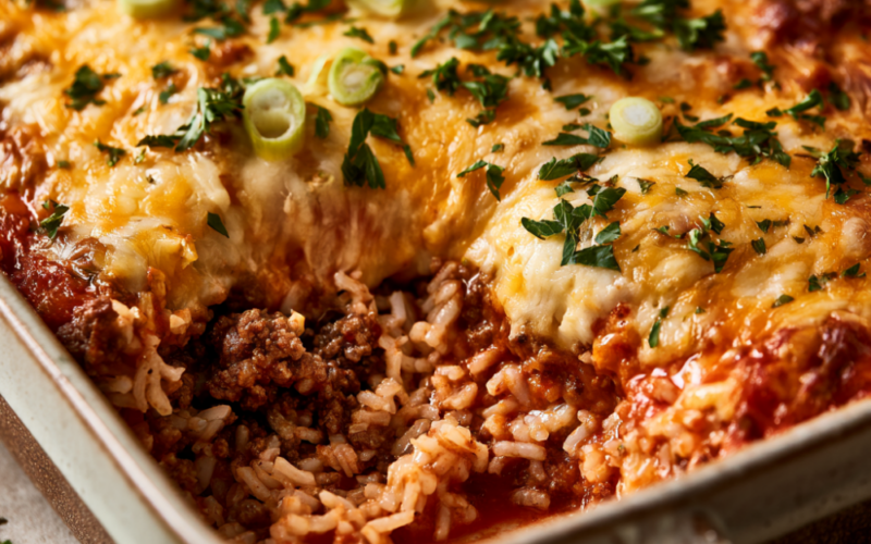 Cheesy Ground Beef and Rice Casserole